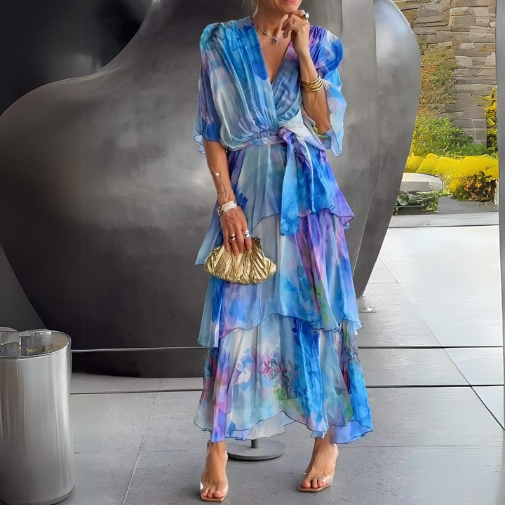 Juliette | Women's V Neck Flowy Draped Tiered Cocktail Dress