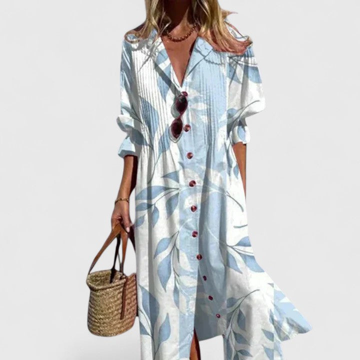 Marina | Women's Boho Pintuck Collared Long Sleeve Midi Dress