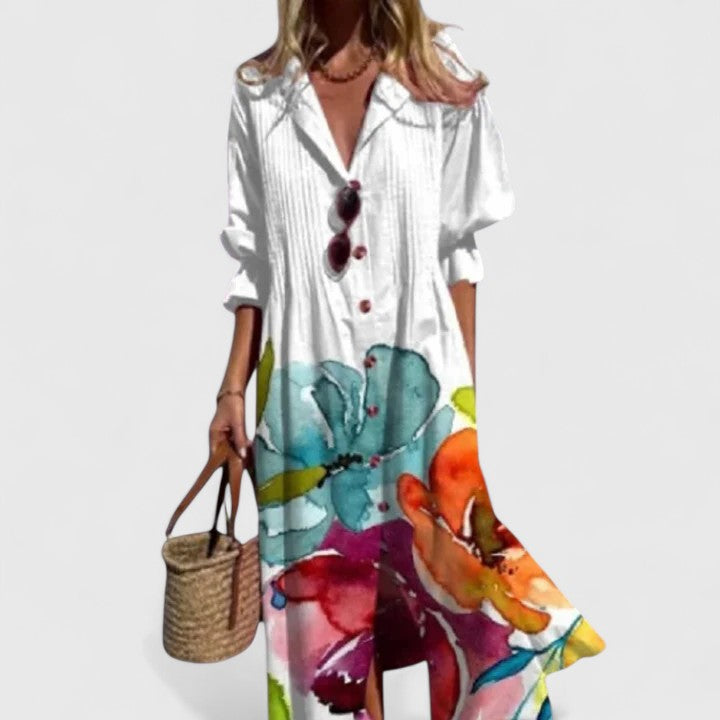 Marina | Women's Boho Pintuck Collared Long Sleeve Midi Dress