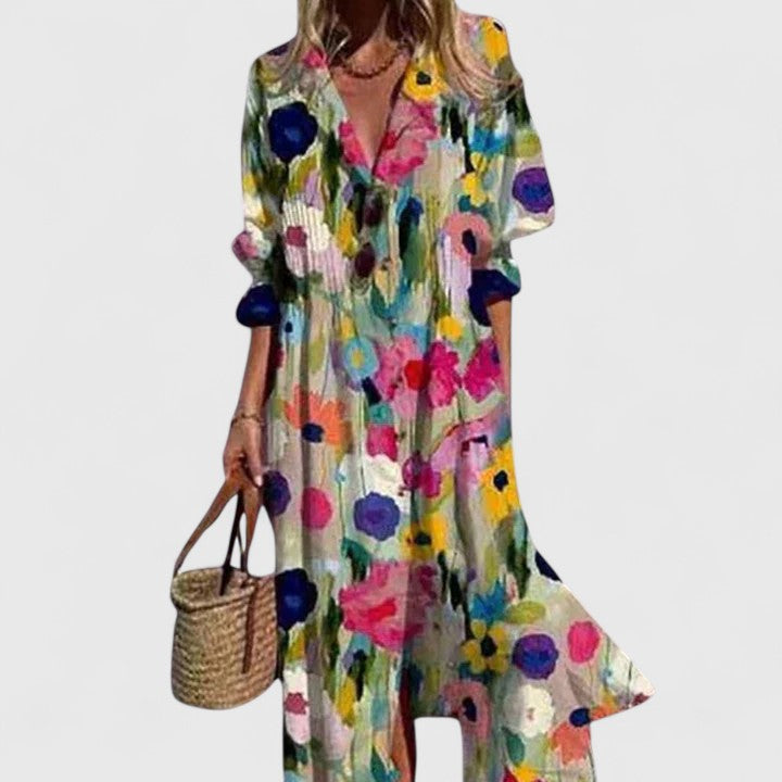 Marina | Women's Boho Pintuck Collared Long Sleeve Midi Dress