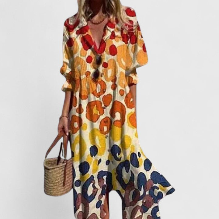 Marina | Women's Boho Pintuck Collared Long Sleeve Midi Dress