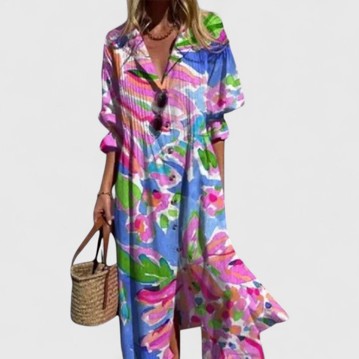 Marina | Women's Boho Pintuck Collared Long Sleeve Midi Dress