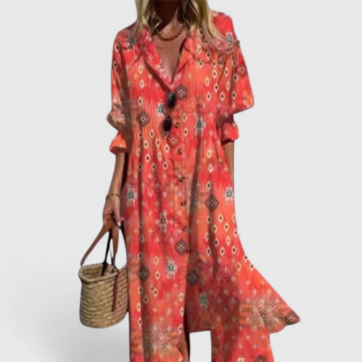 Marina | Women's Boho Pintuck Collared Long Sleeve Midi Dress