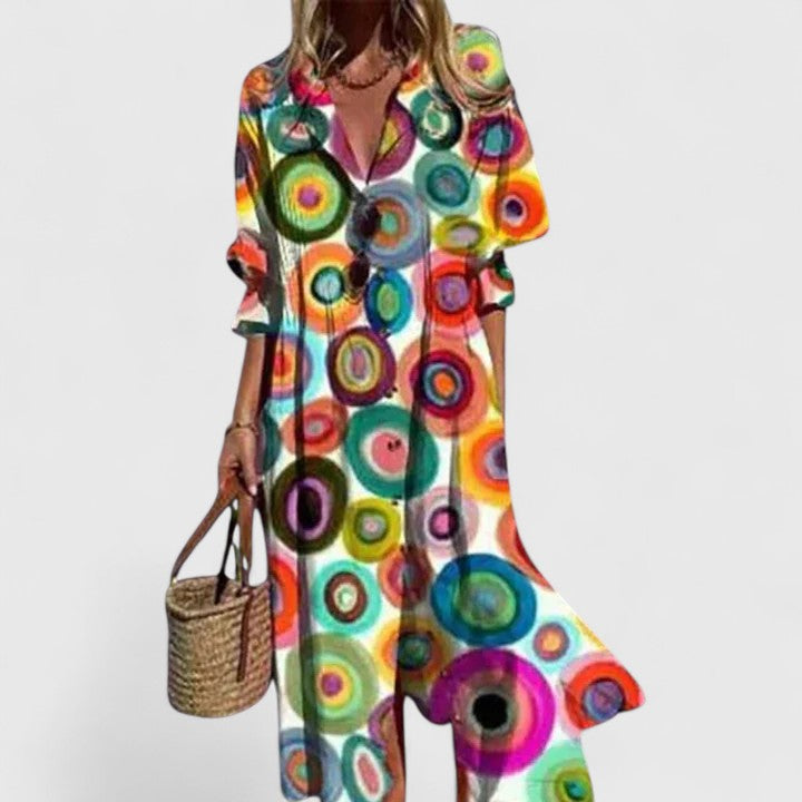 Marina | Women's Boho Pintuck Collared Long Sleeve Midi Dress