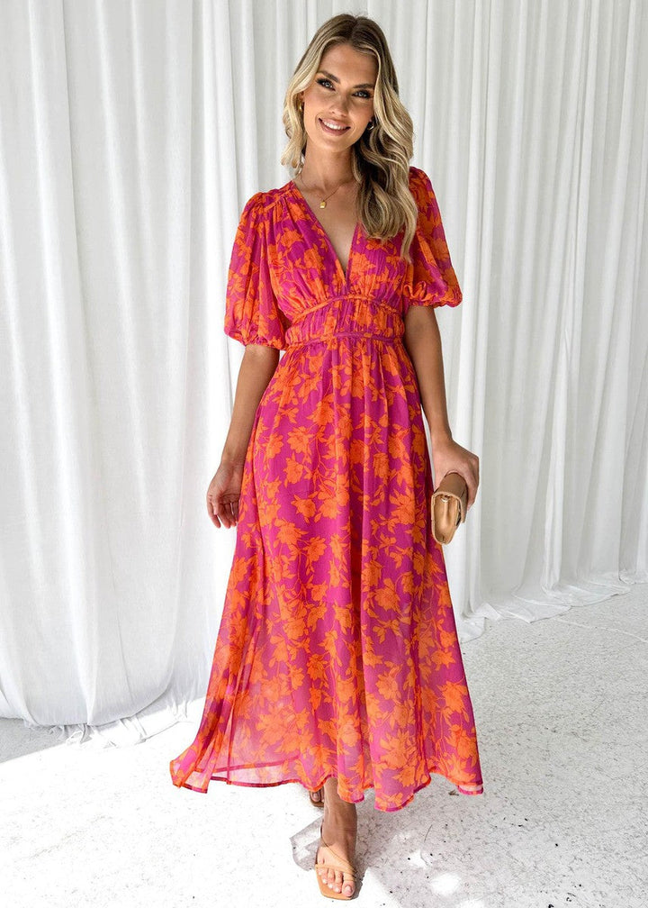 Matilda | Women's Floral V Neck Puff Sleeve Maxi Wedding Guest Dress