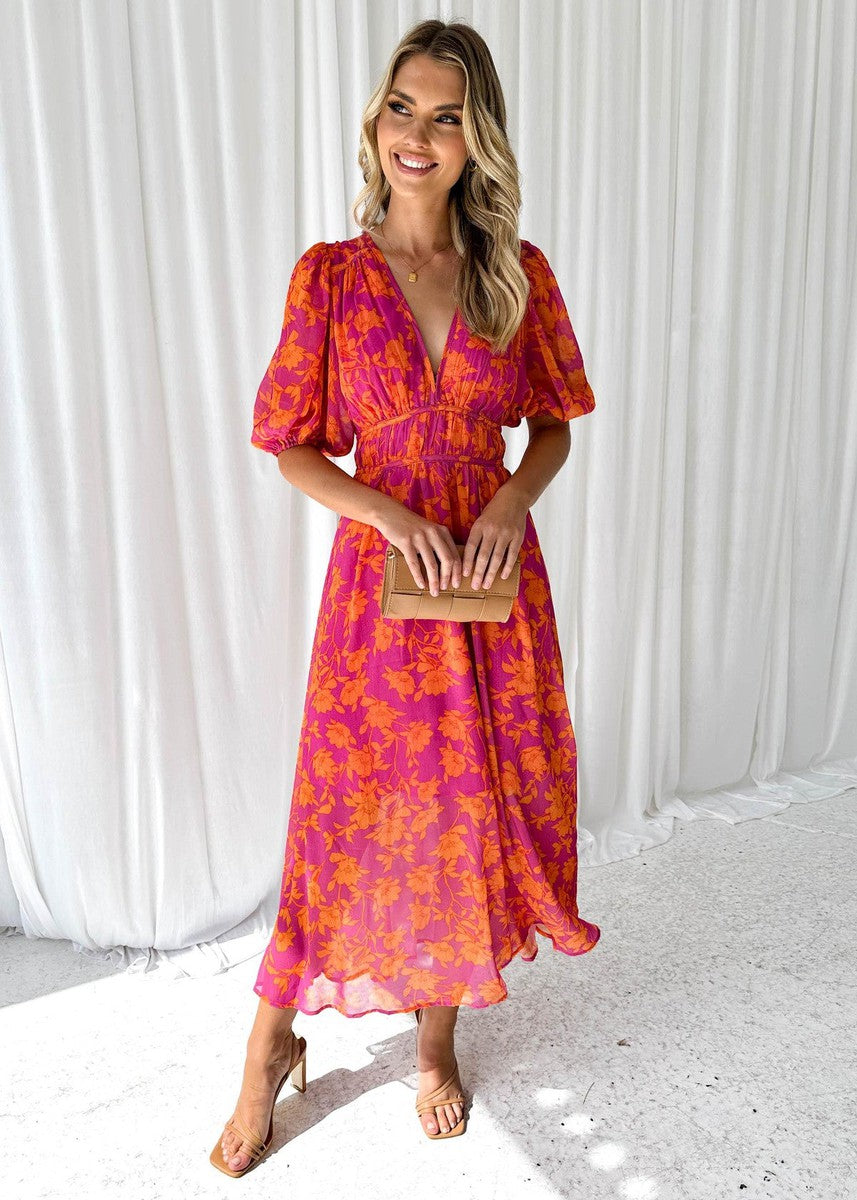 Matilda | Women's Floral V Neck Puff Sleeve Maxi Wedding Guest Dress