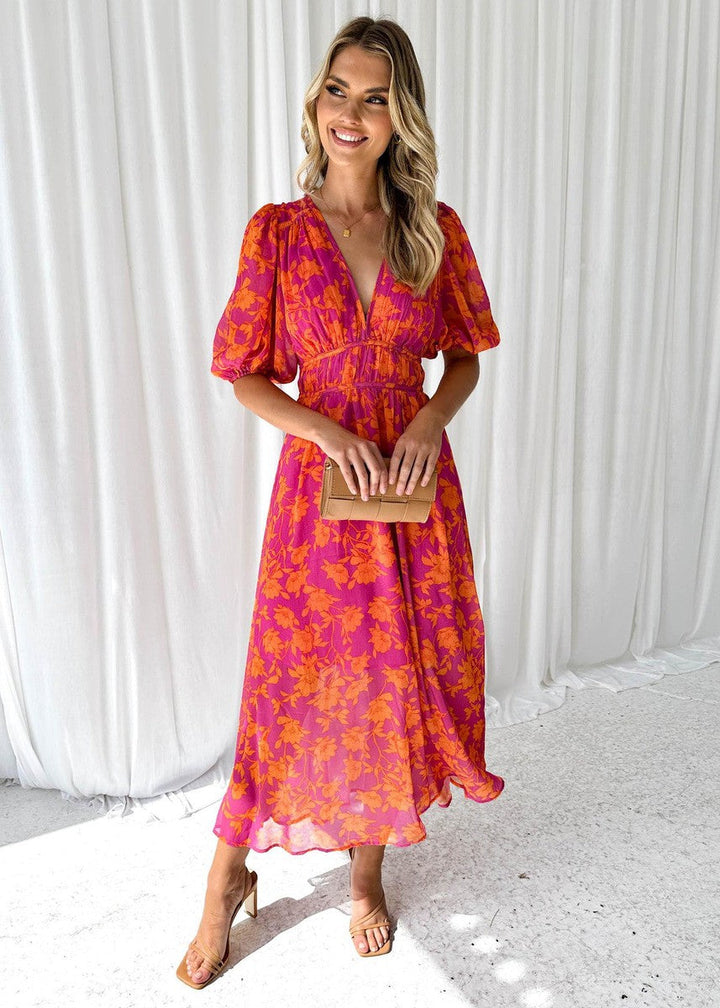 Matilda | Women's Floral V Neck Puff Sleeve Maxi Wedding Guest Dress