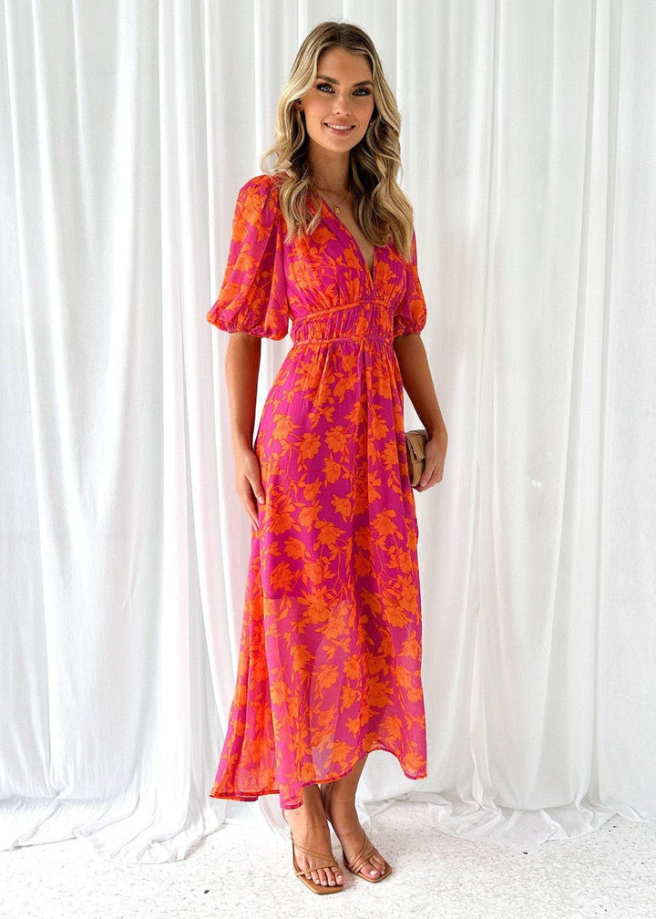 Matilda | Women's Floral V Neck Puff Sleeve Maxi Wedding Guest Dress