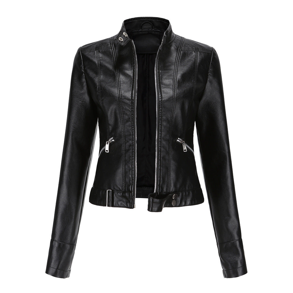 Matilda | Women's Belted Stand Collar Fitted Leather Jacket