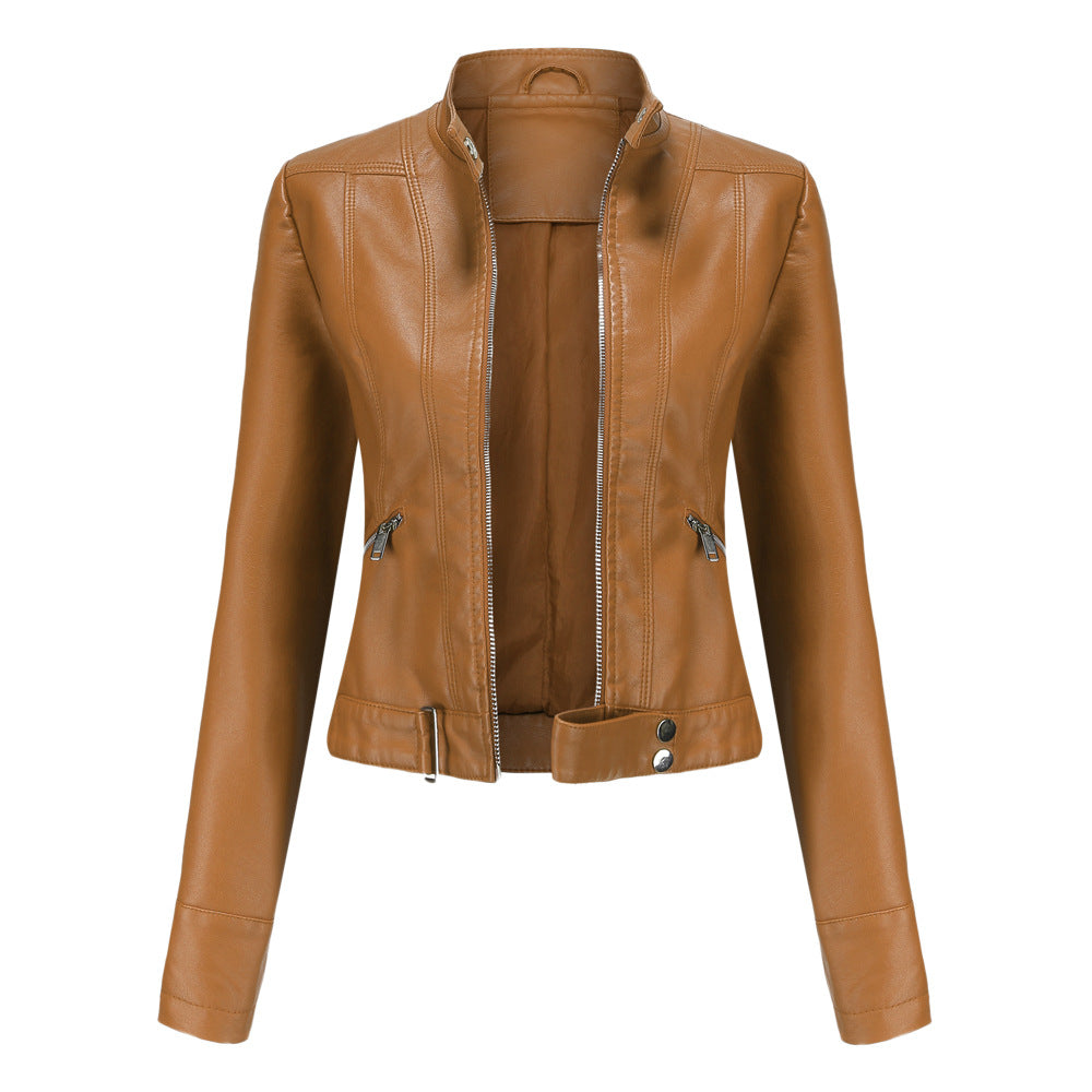 Matilda | Women's Belted Stand Collar Fitted Leather Jacket