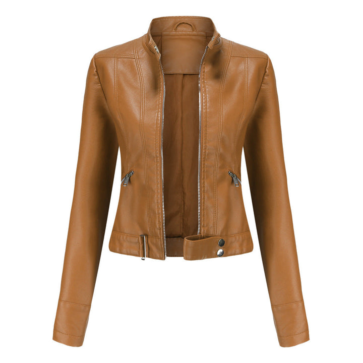 Matilda | Women's Belted Stand Collar Fitted Leather Jacket