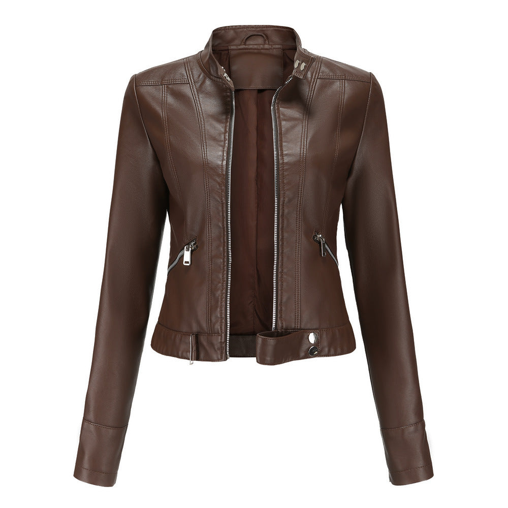 Matilda | Women's Belted Stand Collar Fitted Leather Jacket
