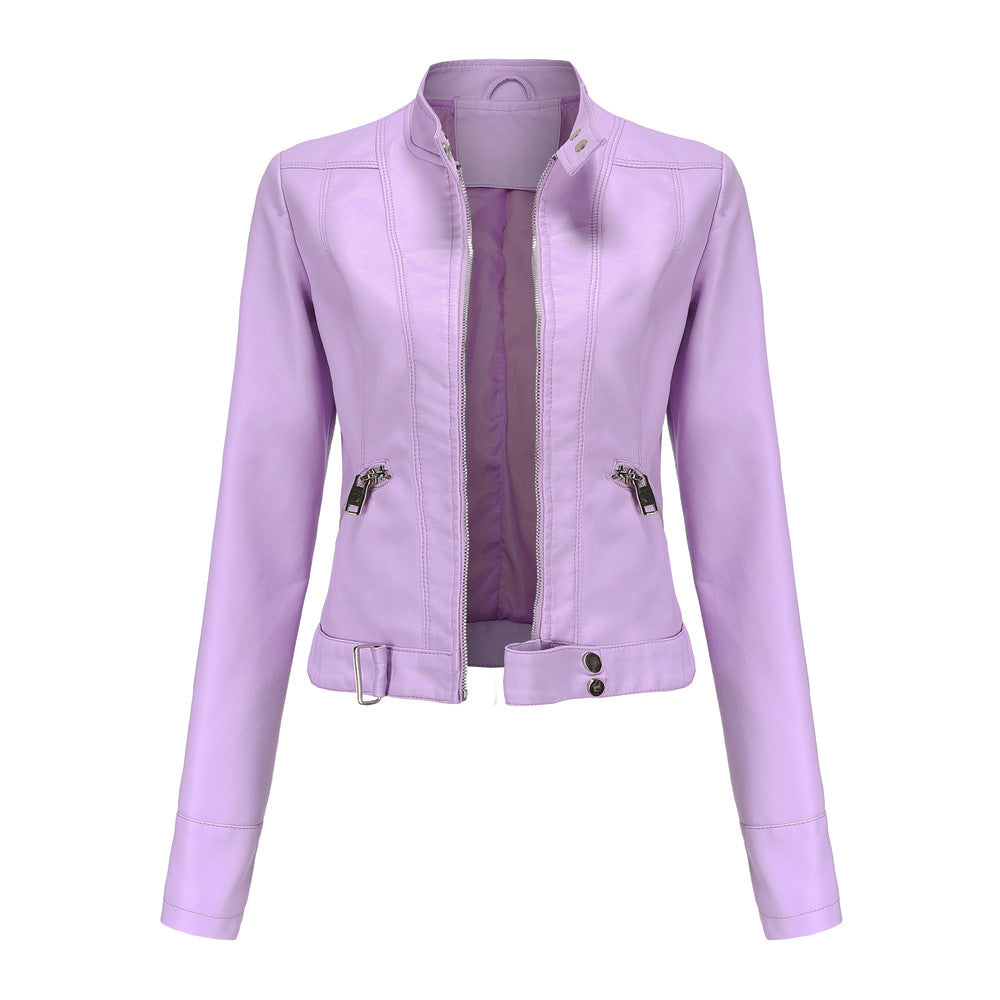 Matilda | Women's Belted Stand Collar Fitted Leather Jacket