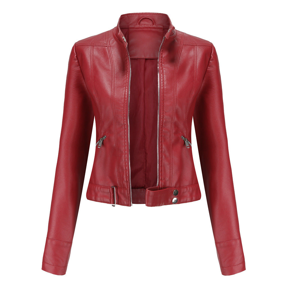 Matilda | Women's Belted Stand Collar Fitted Leather Jacket