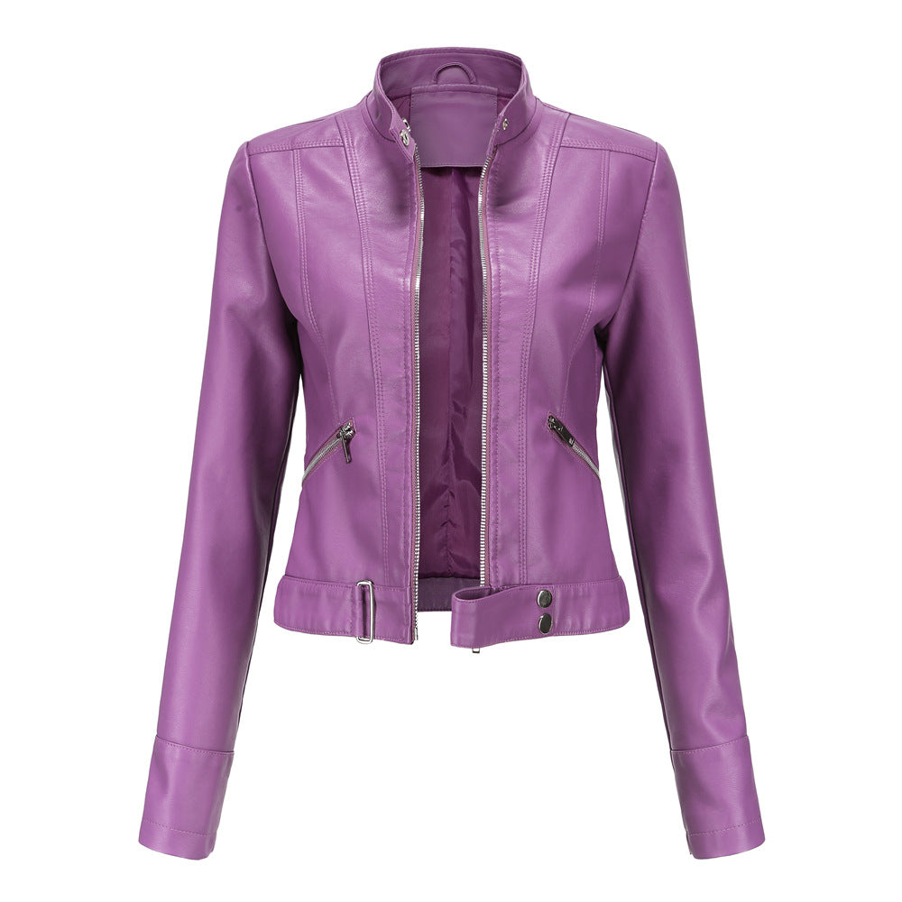 Matilda | Women's Belted Stand Collar Fitted Leather Jacket