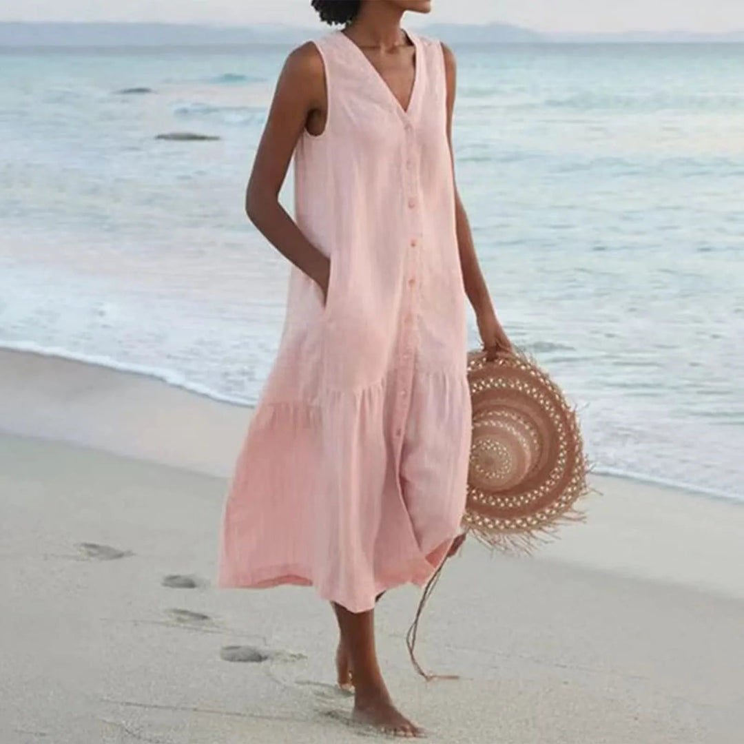 Matilda | Women's Relaxed V-Neck Sleeveless Tiered Midi Dress