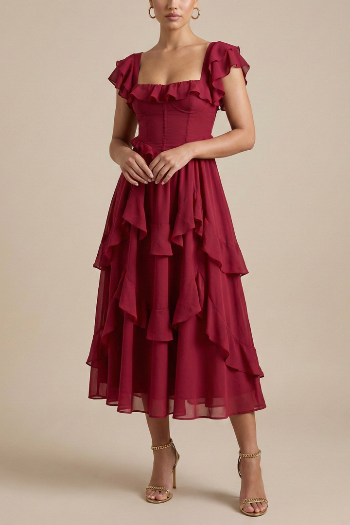 Penelope | Women's Wedding Guest Chiffon Tiered Midi Dress