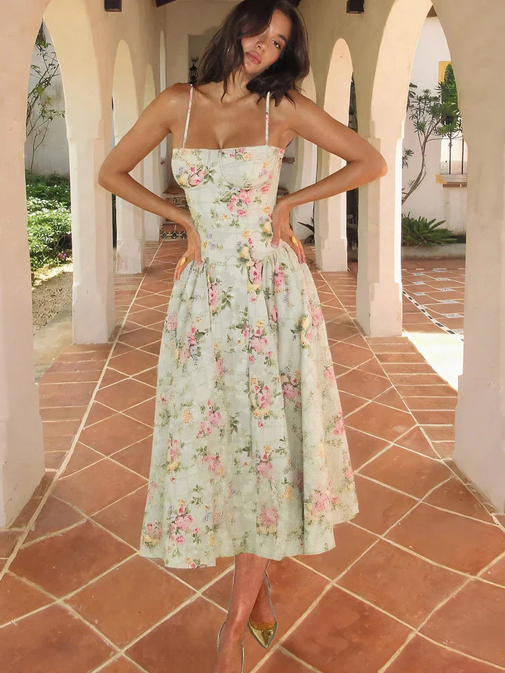 Penelope | Women's Floral Corset Midi Dress Spaghetti Strap