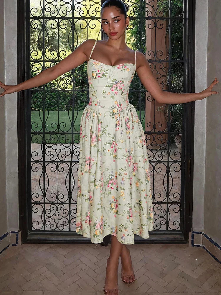 Penelope | Women's Floral Corset Midi Dress Spaghetti Strap