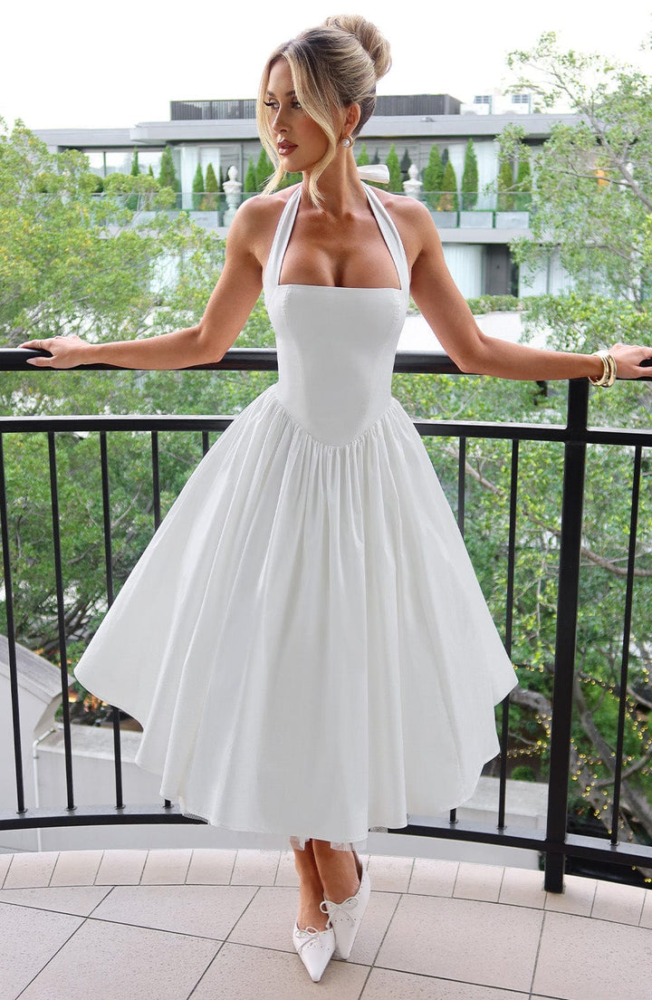 Rowena | Women's Halter Neck Corset Wedding Guest Midi Dress