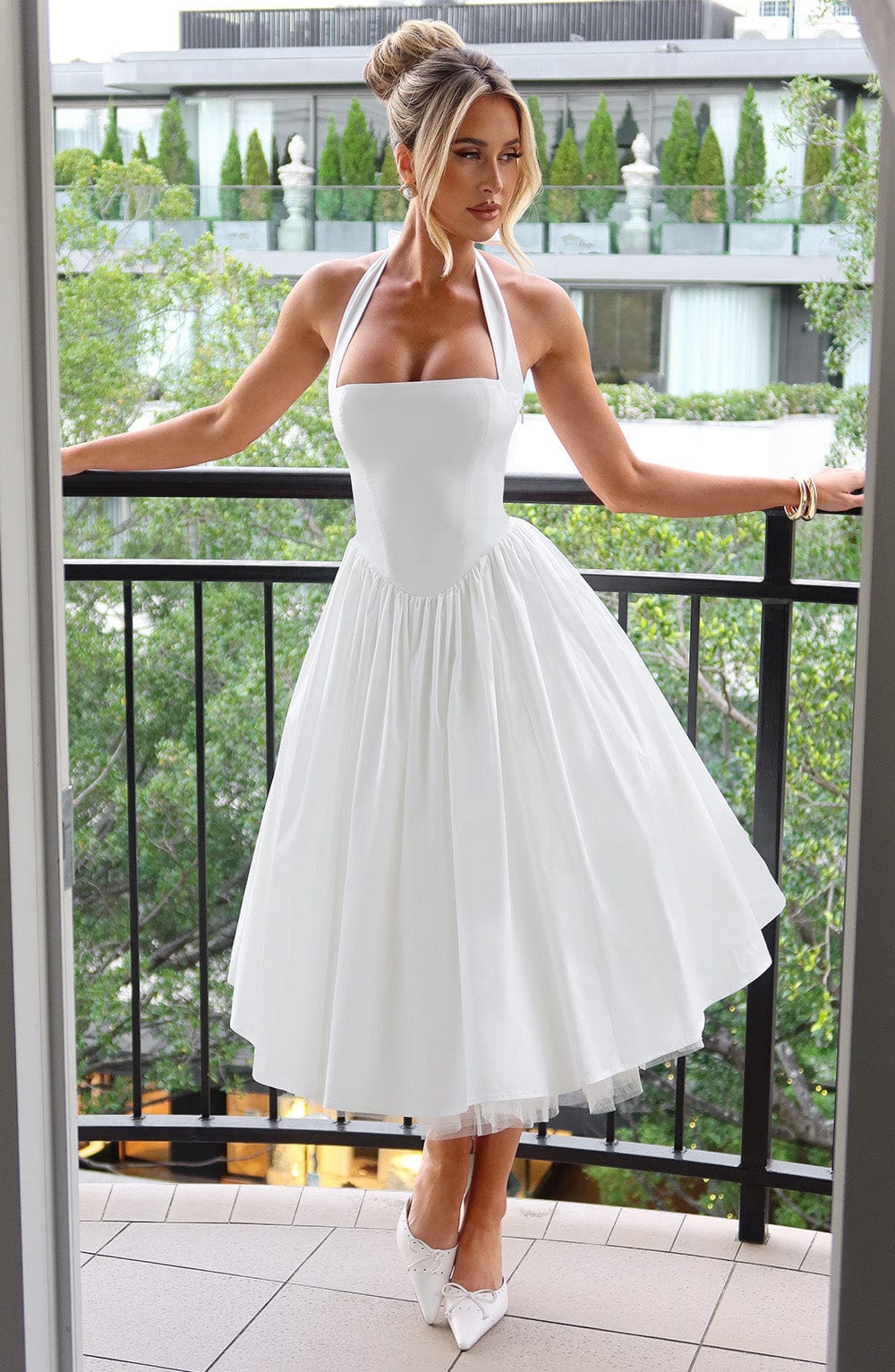 Rowena | Women's Halter Neck Corset Wedding Guest Midi Dress