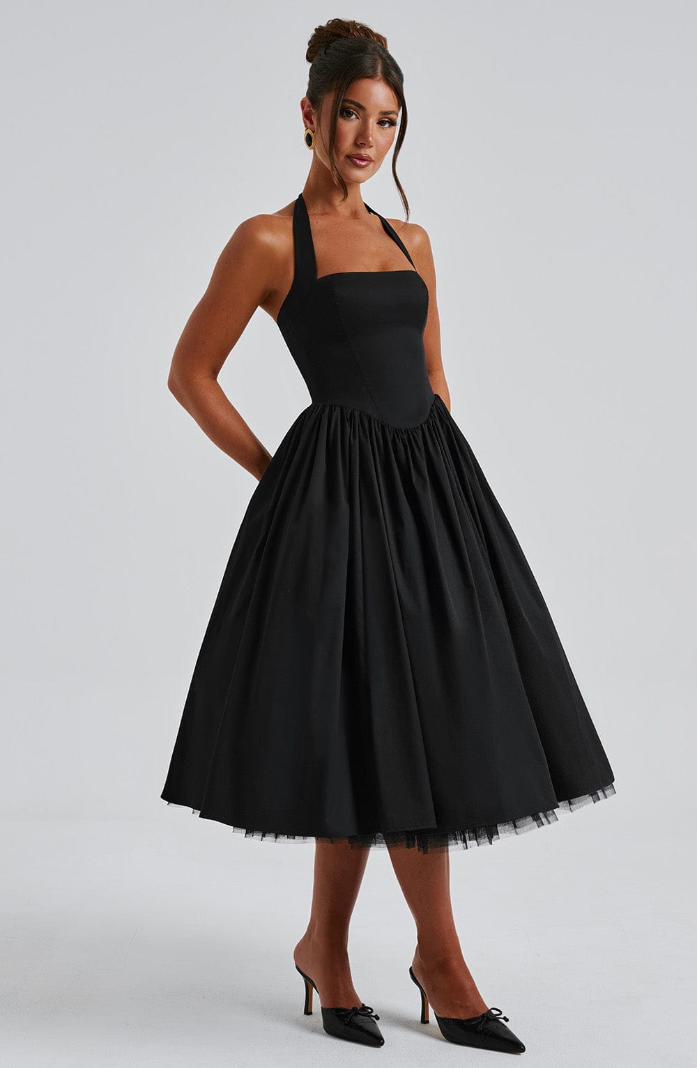 Rowena | Women's Halter Neck Corset Wedding Guest Midi Dress