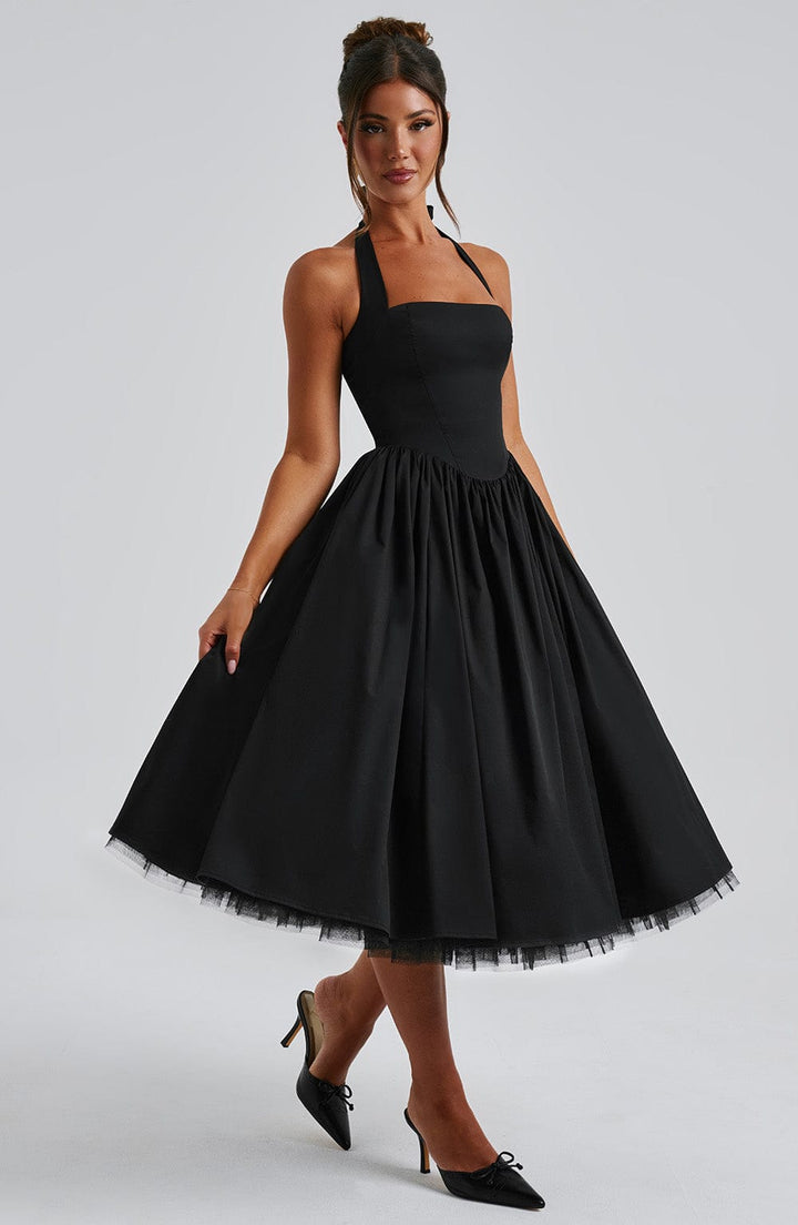 Rowena | Women's Halter Neck Corset Wedding Guest Midi Dress
