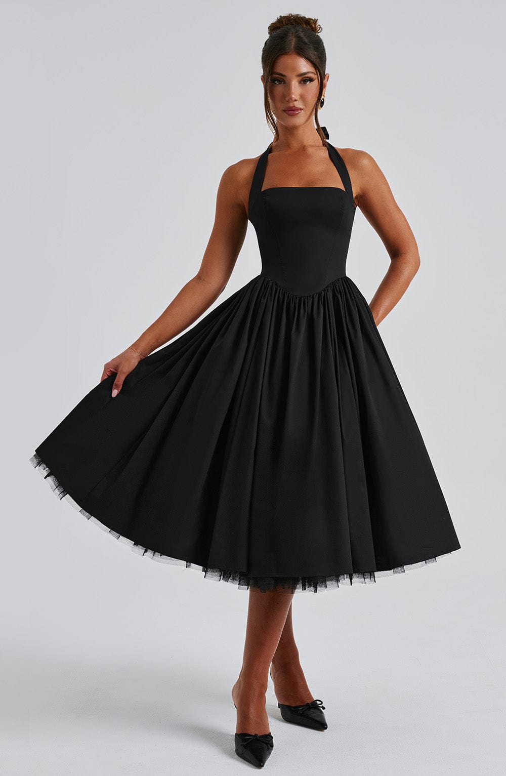 Rowena | Women's Halter Neck Corset Wedding Guest Midi Dress
