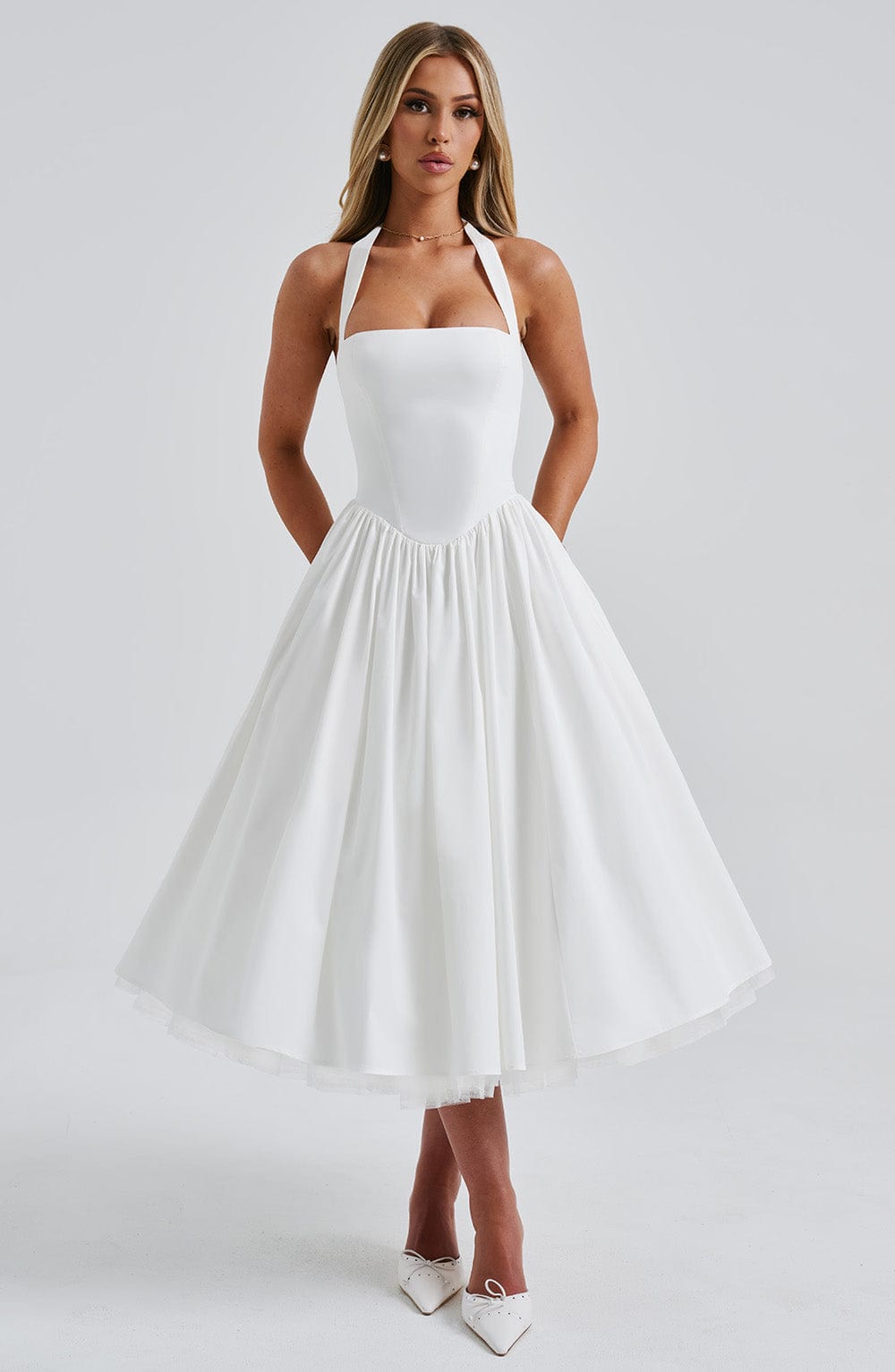 Rowena | Women's Halter Neck Corset Wedding Guest Midi Dress