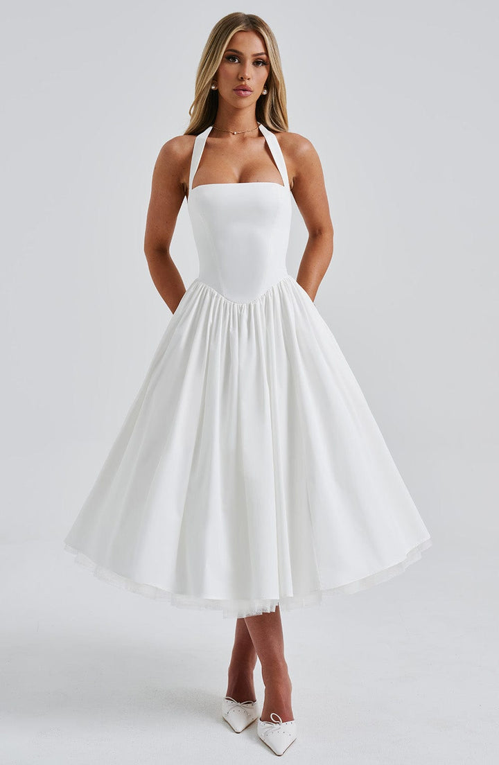 Rowena | Women's Halter Neck Corset Wedding Guest Midi Dress