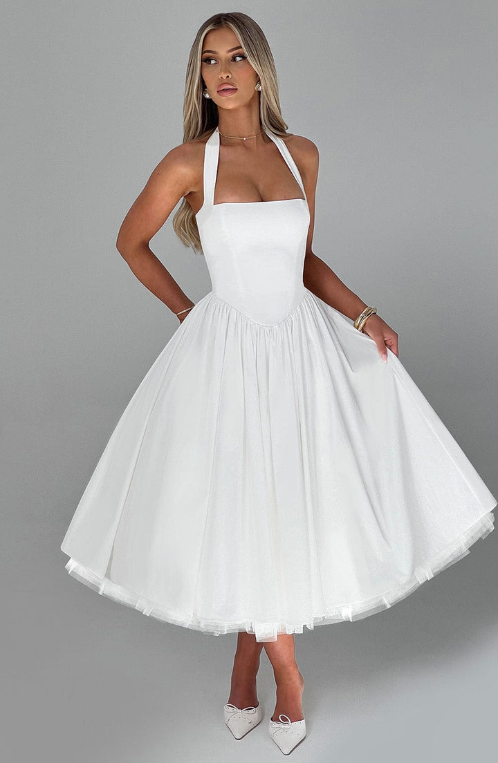 Rowena | Women's Halter Neck Corset Wedding Guest Midi Dress