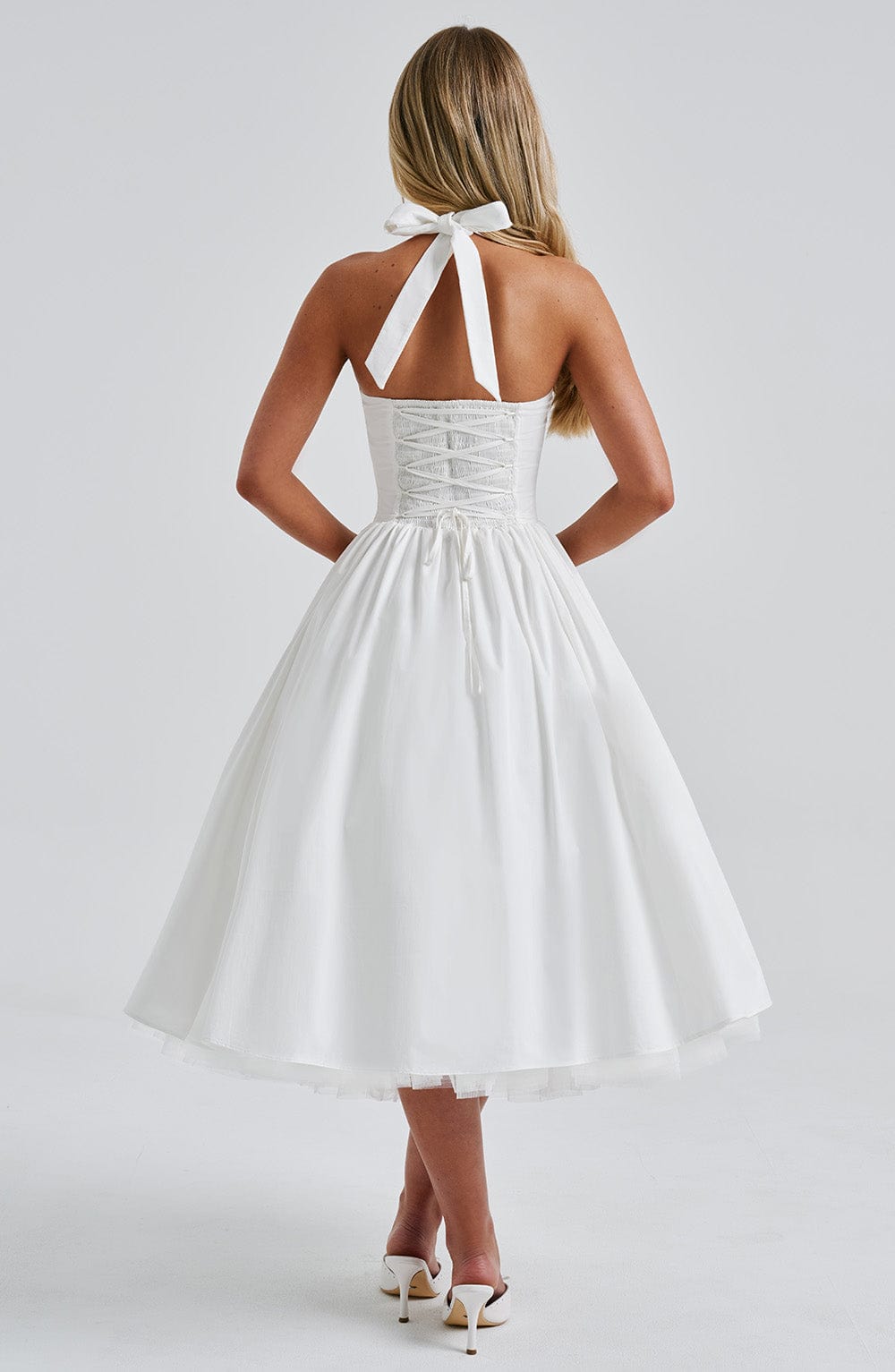 Rowena | Women's Halter Neck Corset Wedding Guest Midi Dress
