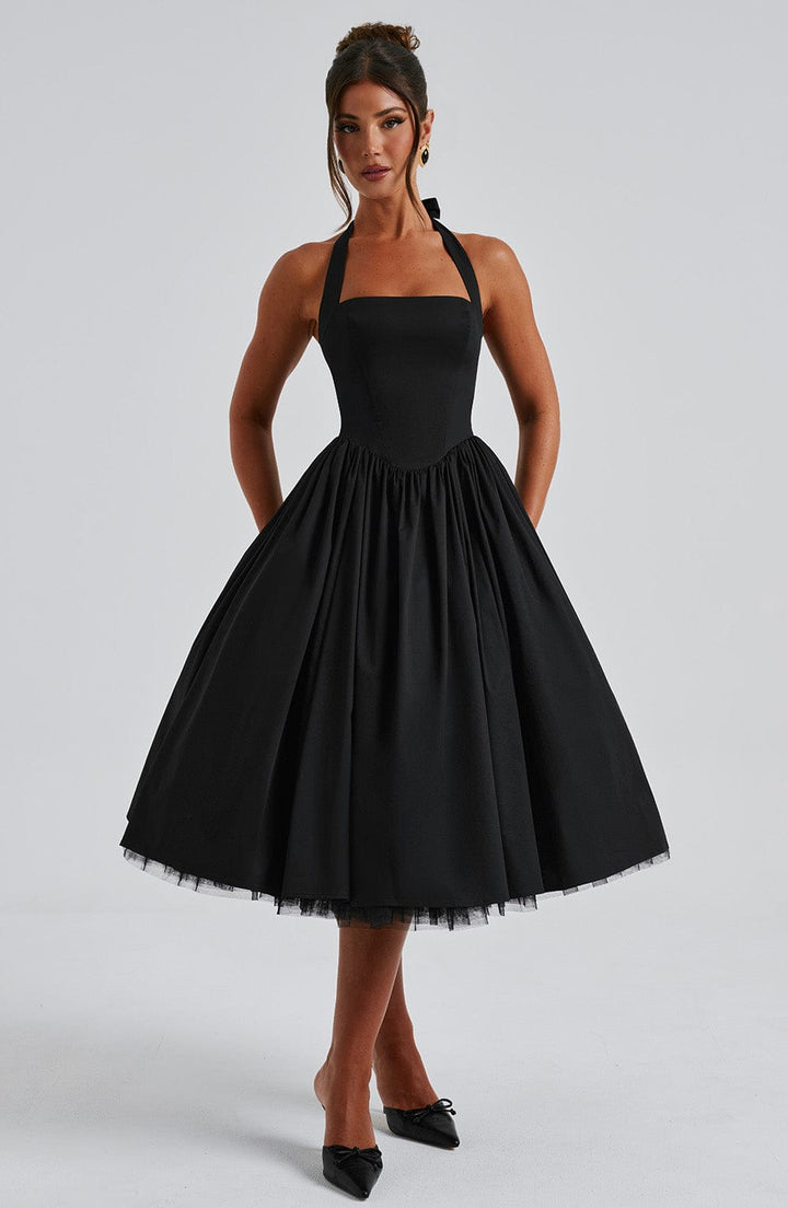 Rowena | Women's Halter Neck Corset Wedding Guest Midi Dress