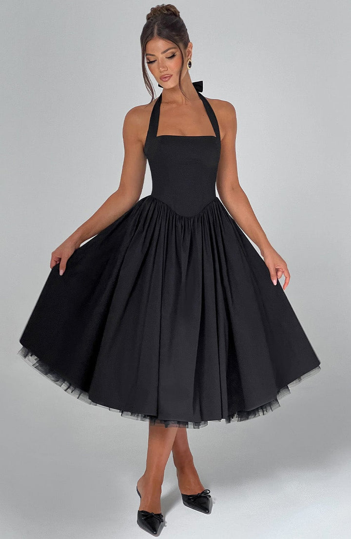 Rowena | Women's Halter Neck Corset Wedding Guest Midi Dress
