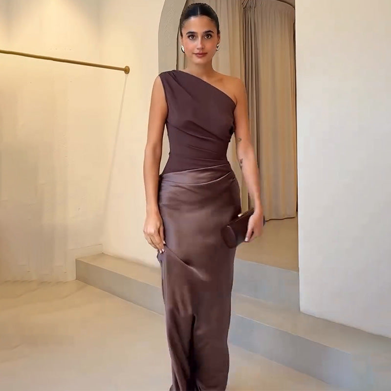 Victoria | Women's One Shoulder Ruched Faux Leather Maxi Dress
