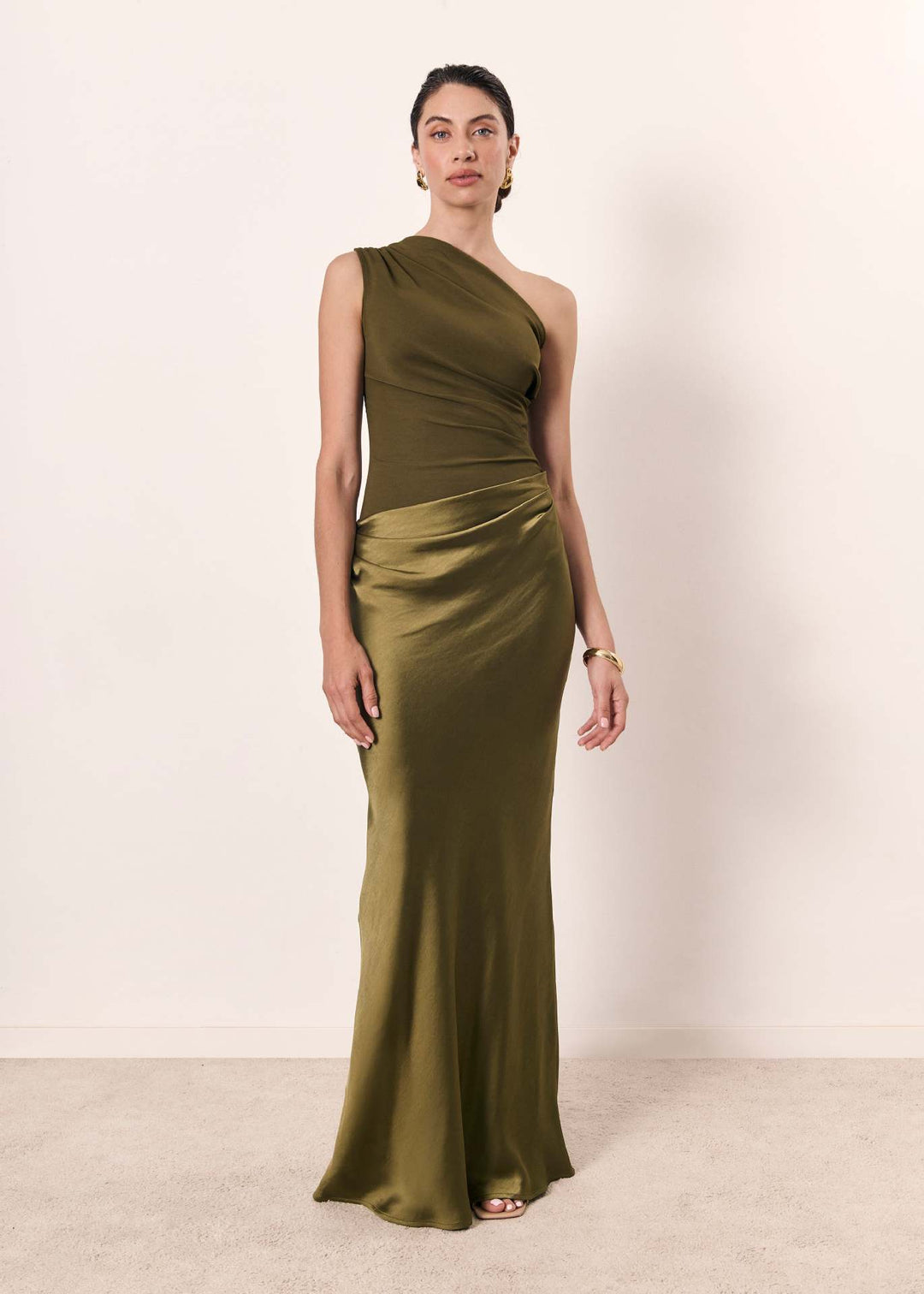 Victoria | Women's One Shoulder Ruched Faux Leather Maxi Dress
