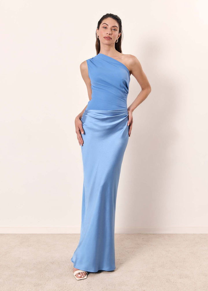 Victoria | Women's One Shoulder Ruched Faux Leather Maxi Dress