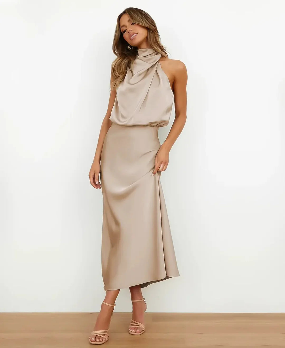 Vivienne | Women's Draped Halter Neck Satin Midi Dress
