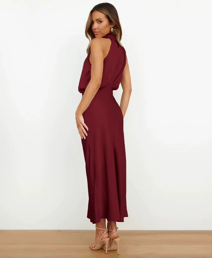 Vivienne | Women's Draped Halter Neck Satin Midi Dress