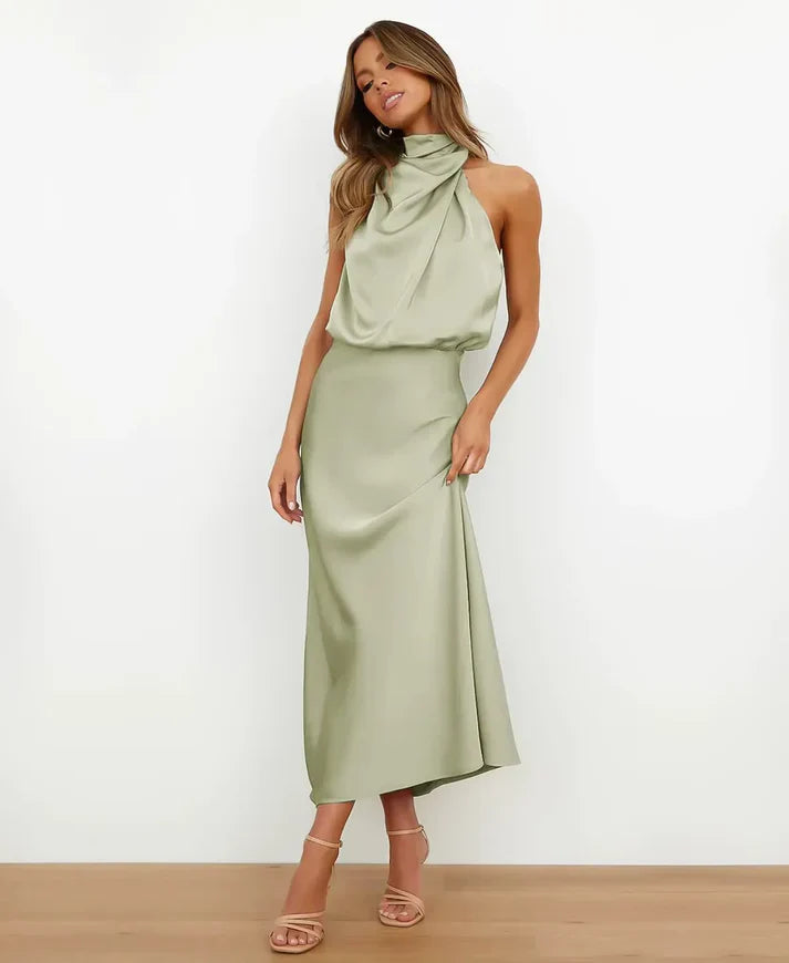 Vivienne | Women's Draped Halter Neck Satin Midi Dress