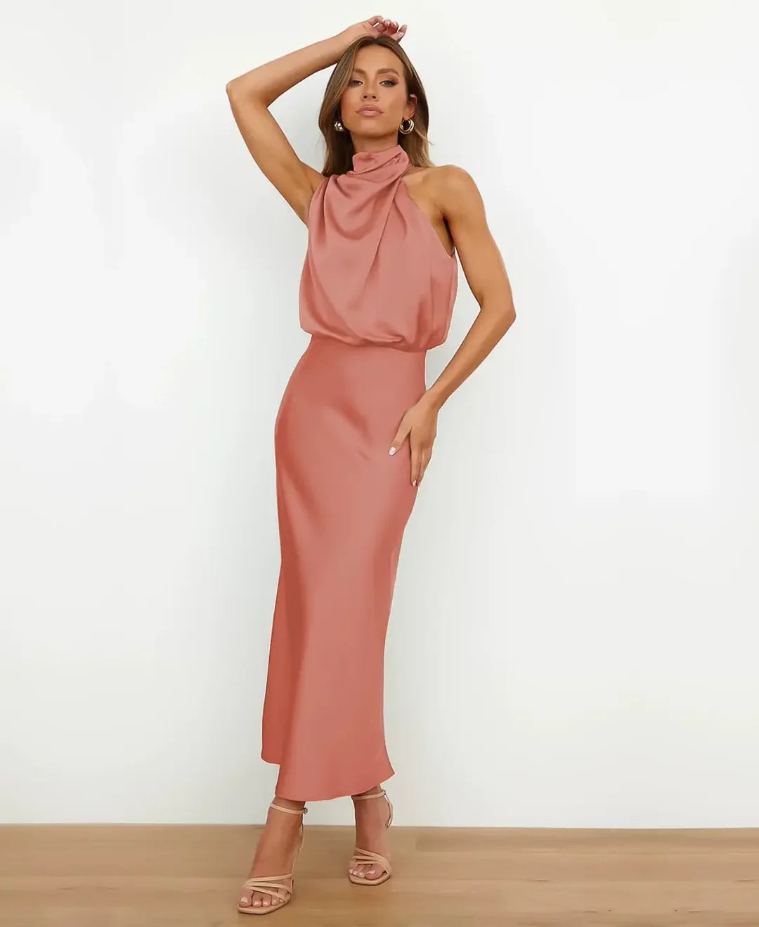 Vivienne | Women's Draped Halter Neck Satin Midi Dress