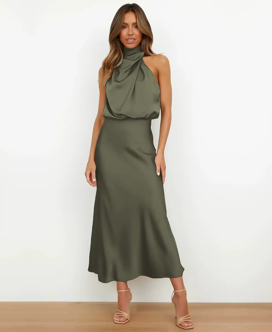 Vivienne | Women's Draped Halter Neck Satin Midi Dress