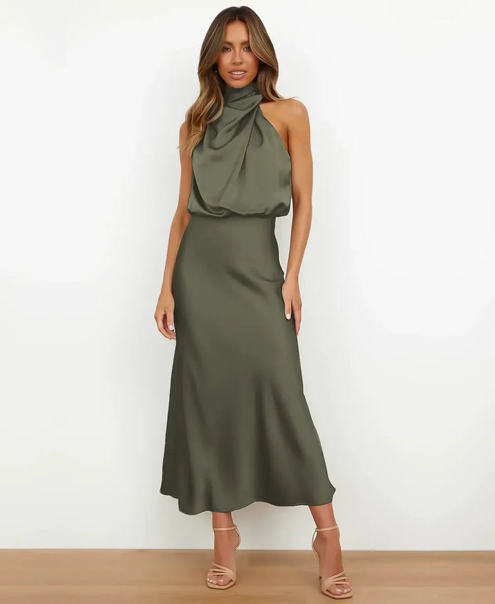 Vivienne | Women's Draped Halter Neck Satin Midi Dress