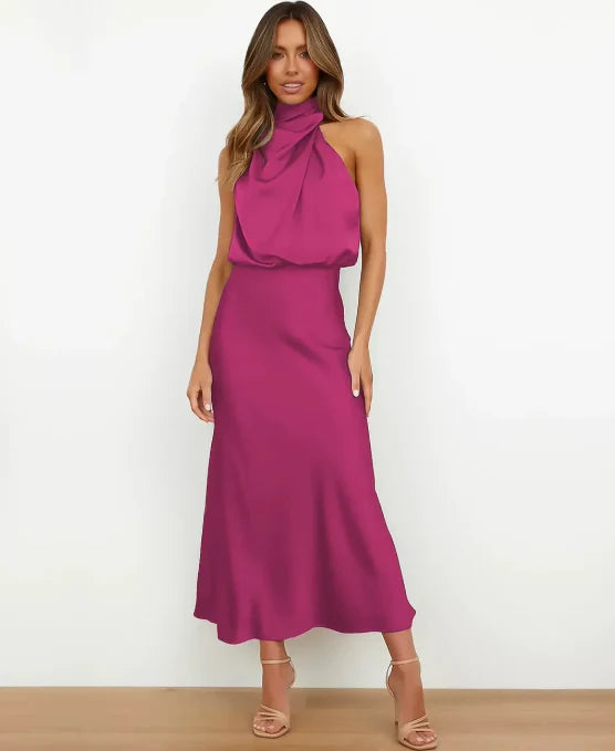 Vivienne | Women's Draped Halter Neck Satin Midi Dress