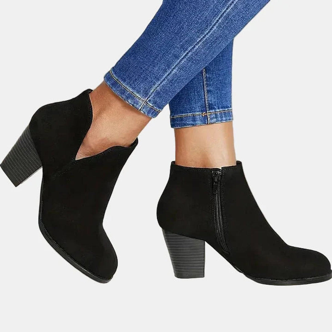 Adeline block heel ankle boots in black, side profile view