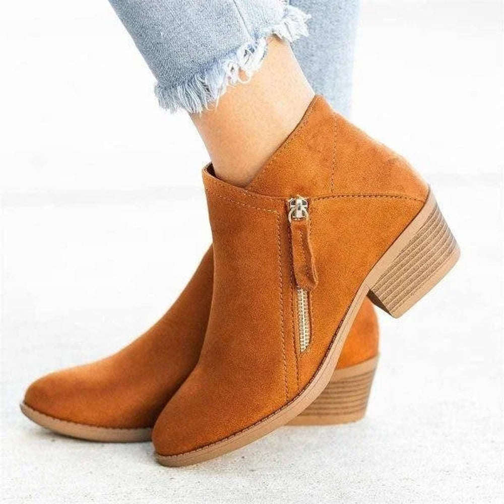Amara block heel ankle boots in tan suede, side profile