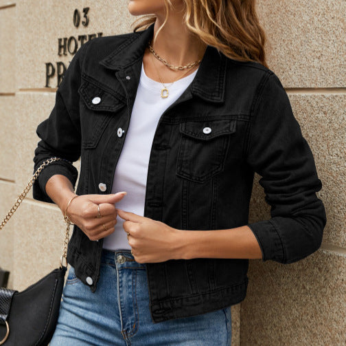 Amelia classic denim jacket in black, front view with collar and snap buttons
