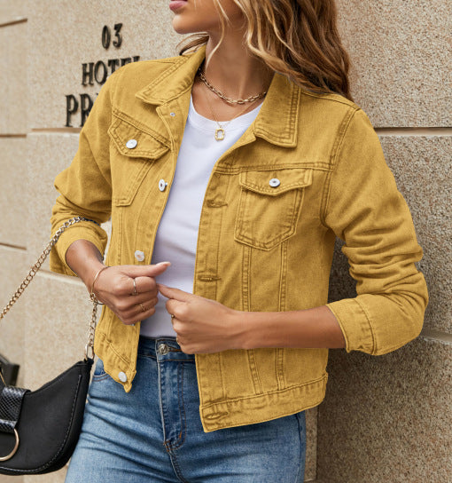 Amelia classic denim jacket in mustard yellow, front view
