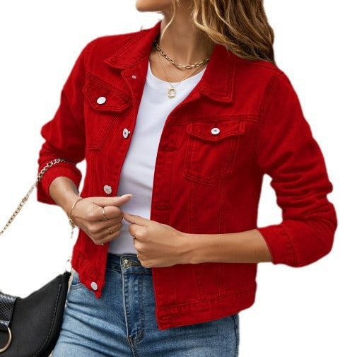 Amelia classic denim jacket in red, front view on plain background