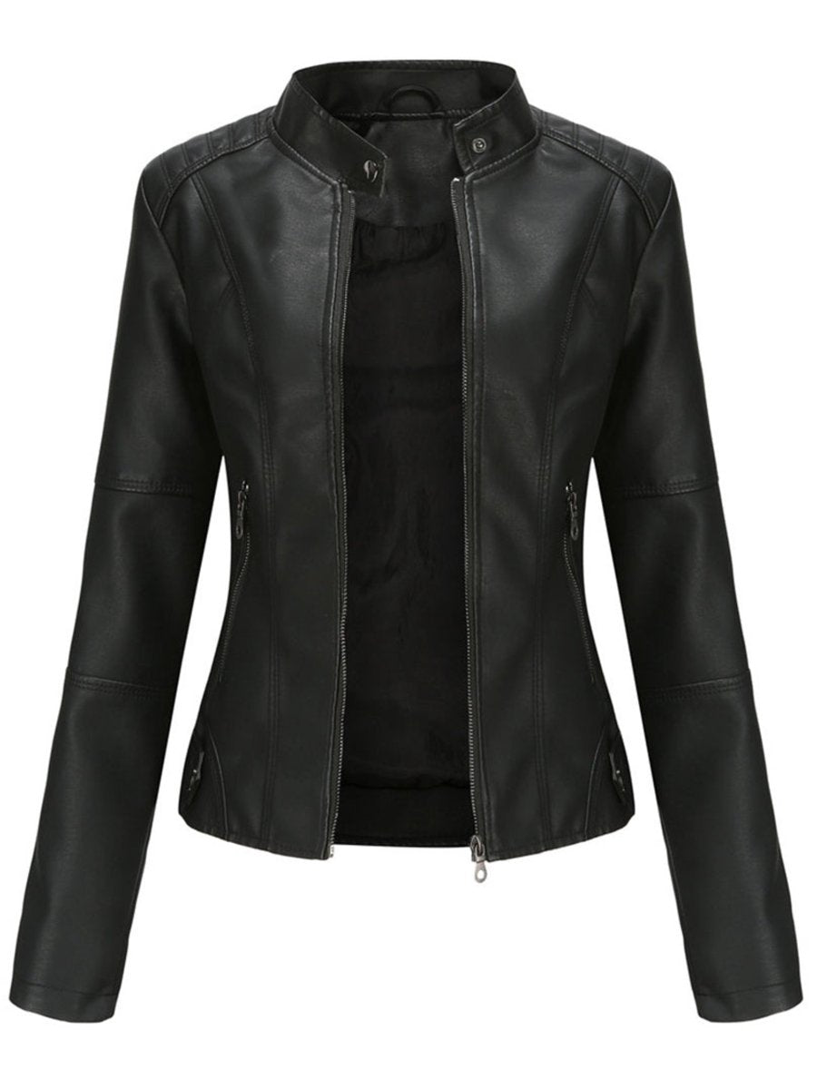 Annika black fitted biker jacket with stand collar, front view
